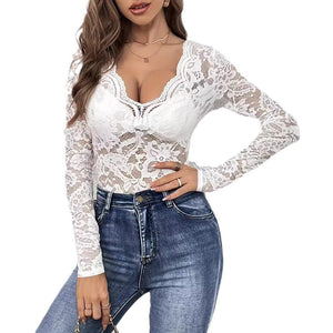 2025 new elegant V - neck fan - shaped collar edge single - layer lace long - sleeved T-shirt slim and thin women - Negative Apparel