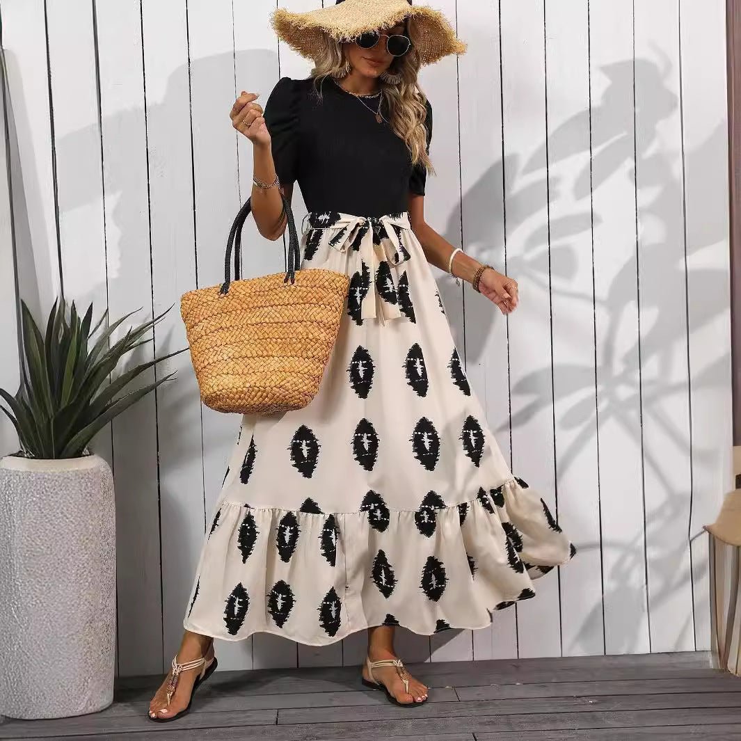 2025 new elegant women's geometric printing round neck bubble sleeve hem ruffle edge dress - Negative Apparel