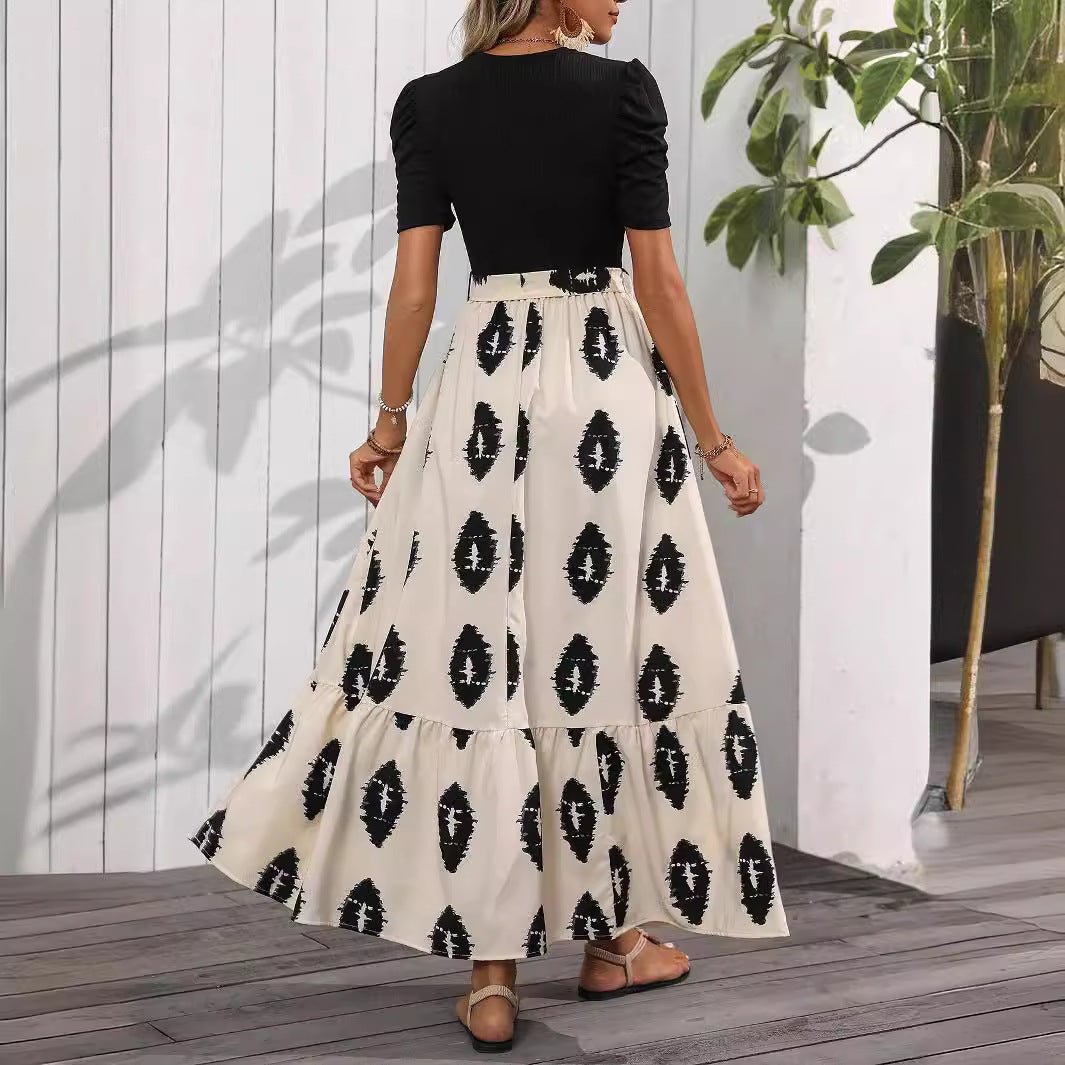 2025 new elegant women's geometric printing round neck bubble sleeve hem ruffle edge dress - Negative Apparel