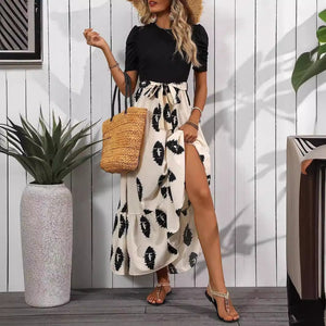 2025 new elegant women's geometric printing round neck bubble sleeve hem ruffle edge dress - Negative Apparel