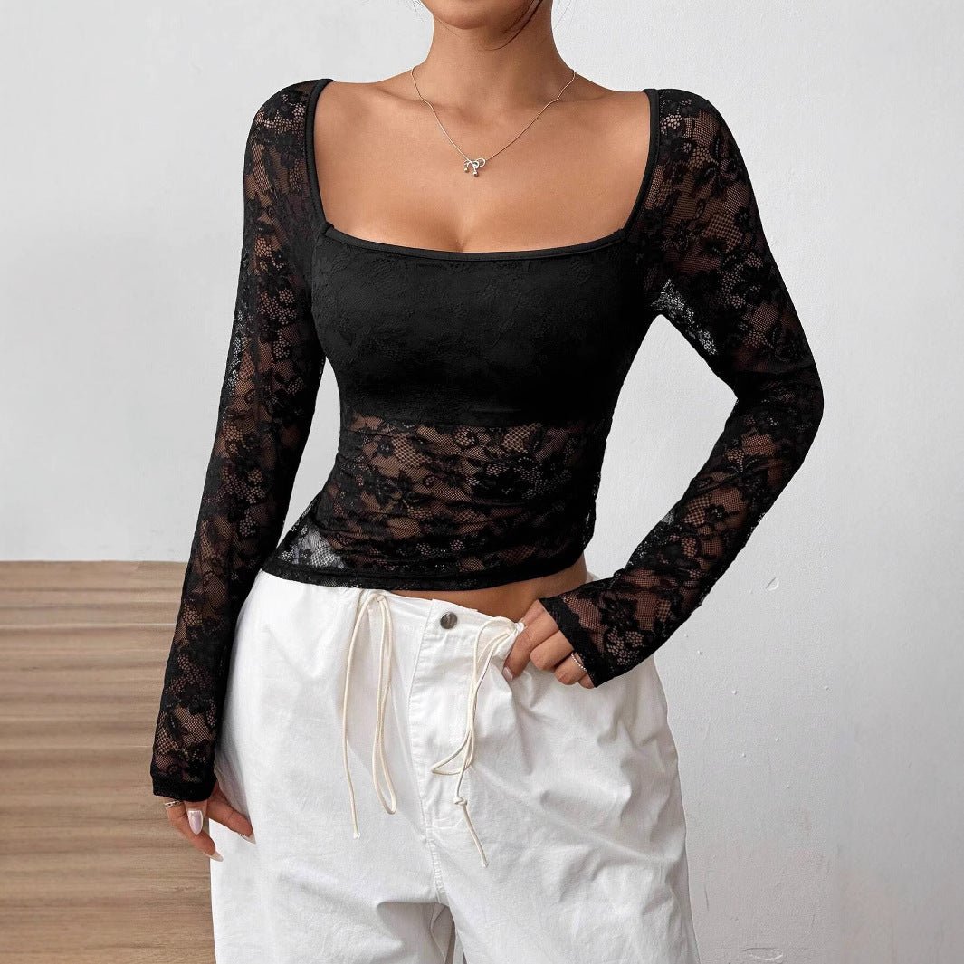 2025 new elegant women's lace U - neck asymmetrical hem design long - sleeved T-shirt top women - Negative Apparel