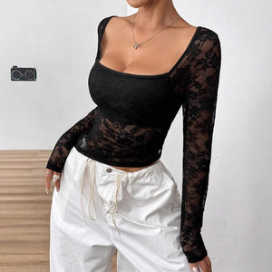 2025 new elegant women's lace U - neck asymmetrical hem design long - sleeved T-shirt top women - Negative Apparel