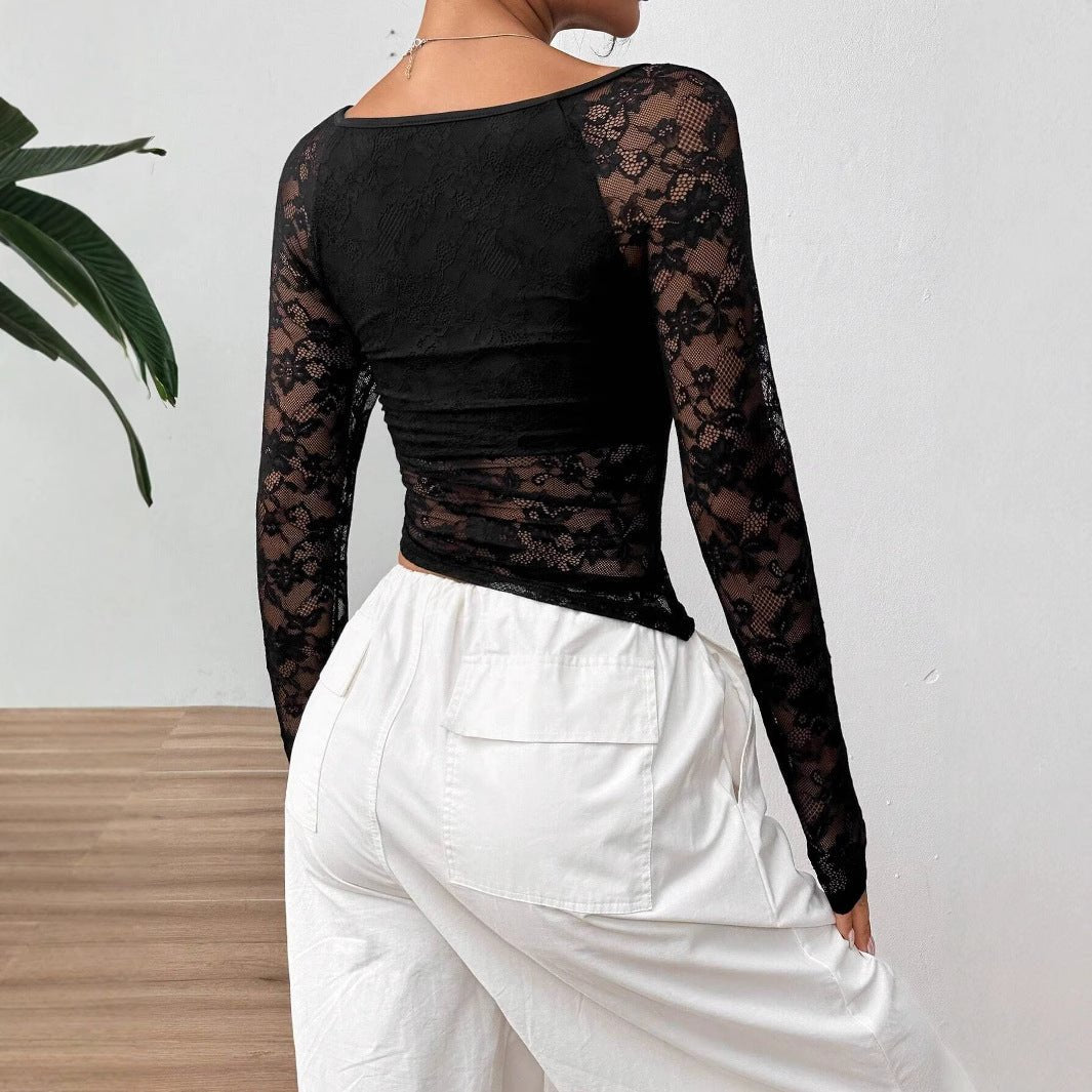 2025 new elegant women's lace U - neck asymmetrical hem design long - sleeved T-shirt top women - Negative Apparel