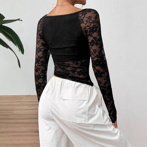 2025 new elegant women's lace U - neck asymmetrical hem design long - sleeved T-shirt top women - Negative Apparel