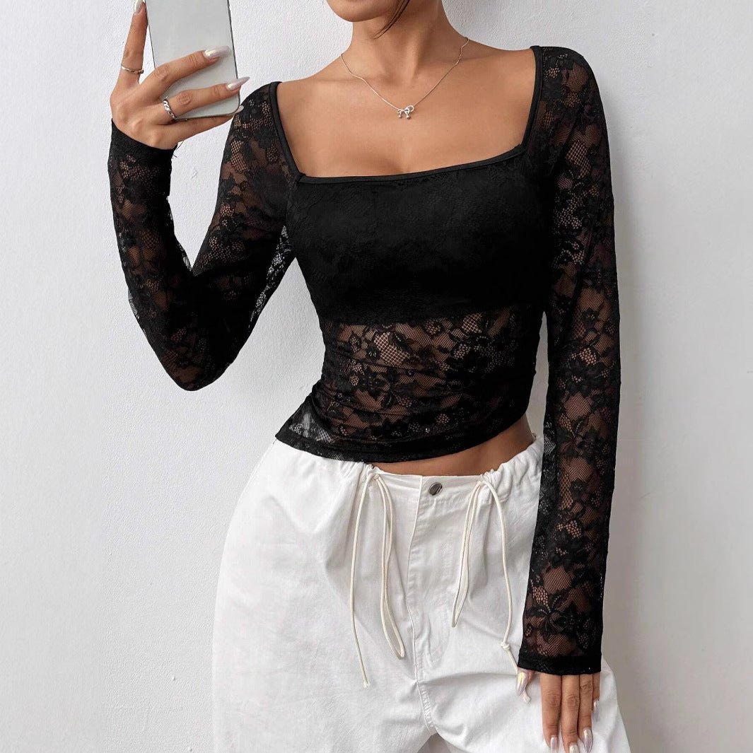 2025 new elegant women's lace U - neck asymmetrical hem design long - sleeved T-shirt top women - Negative Apparel