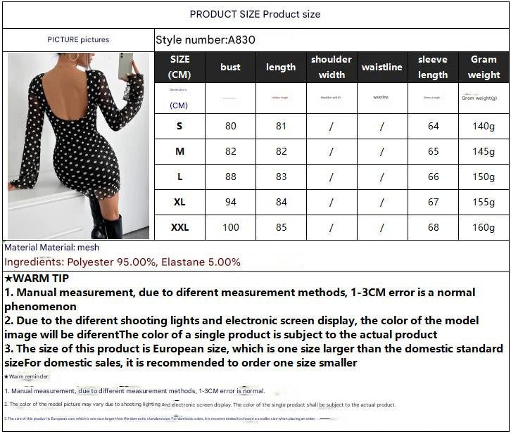 2025 new elegant women's mesh polka dot printing round neck backless long - sleeved dress - Negative Apparel