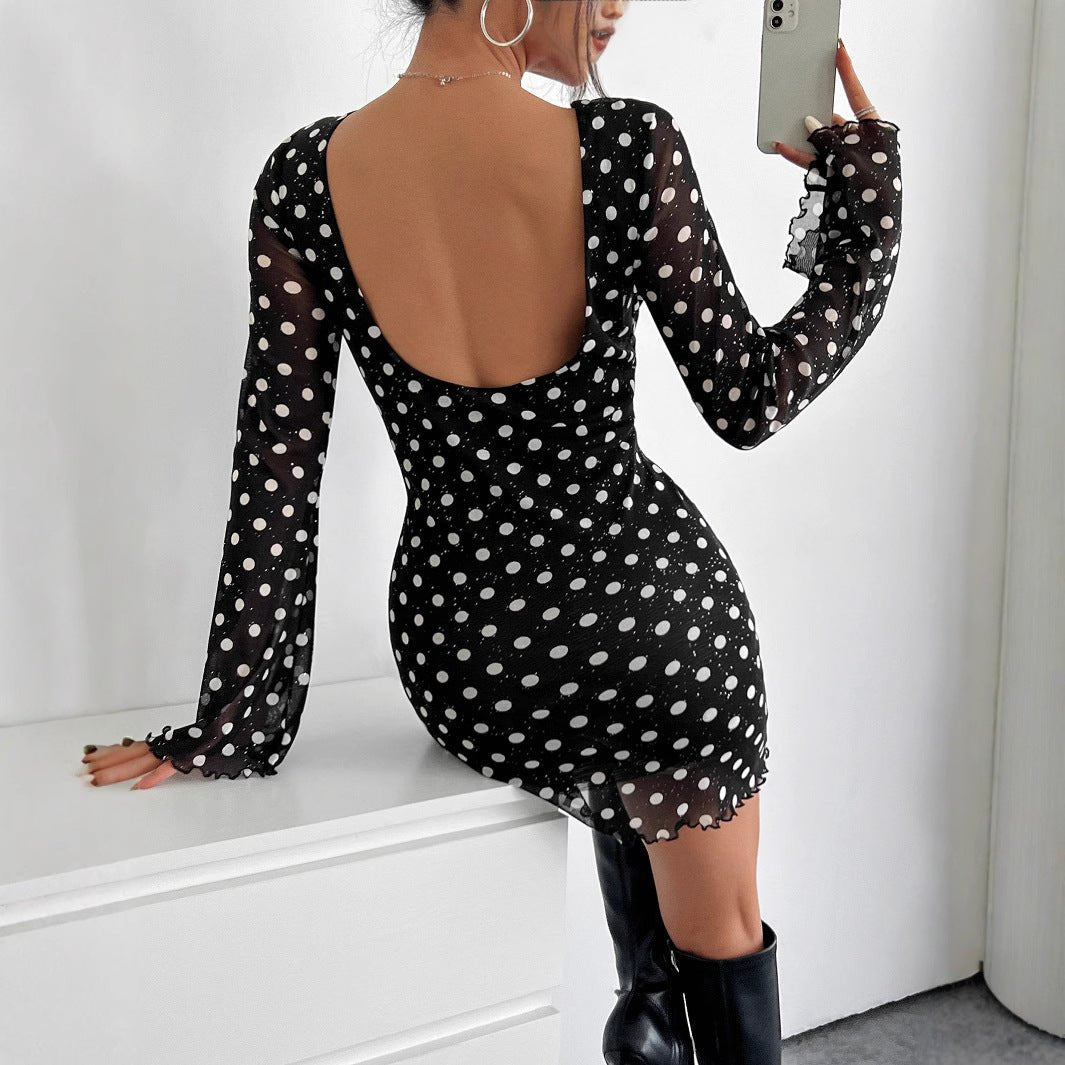 2025 new elegant women's mesh polka dot printing round neck backless long - sleeved dress - Negative Apparel