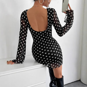 2025 new elegant women's mesh polka dot printing round neck backless long - sleeved dress - Negative Apparel