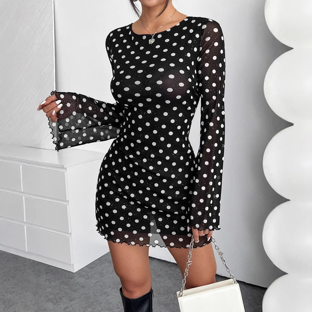 2025 new elegant women's mesh polka dot printing round neck backless long - sleeved dress - Negative Apparel