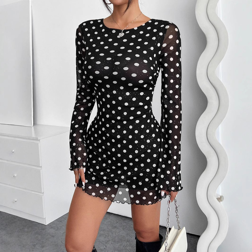 2025 new elegant women's mesh polka dot printing round neck backless long - sleeved dress - Negative Apparel