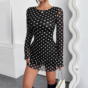 2025 new elegant women's mesh polka dot printing round neck backless long - sleeved dress - Negative Apparel