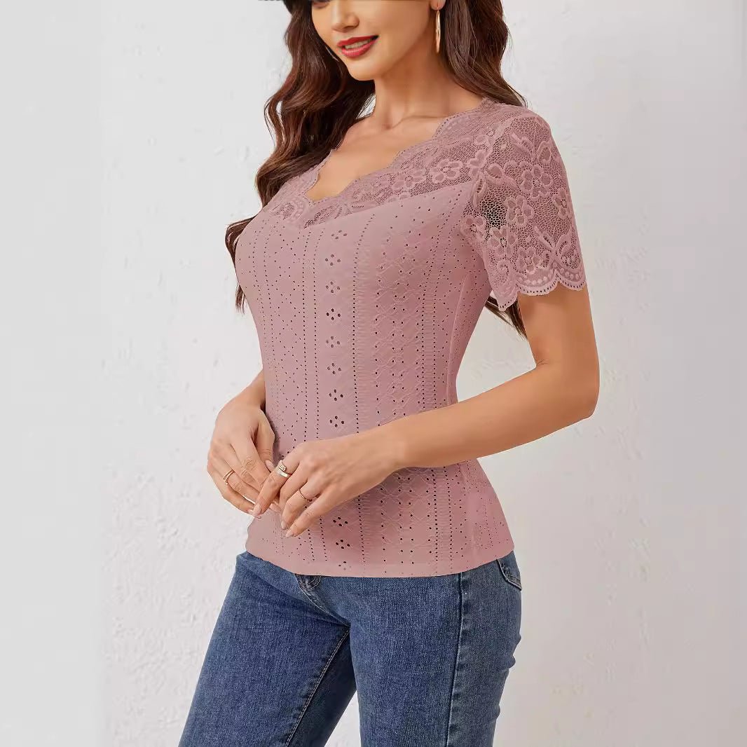 2025 new fan - shaped front and back V - neck lace stitching slim fit T-shirt short - sleeved tops for women - Negative Apparel