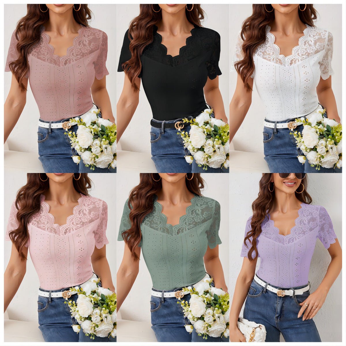 2025 new fan - shaped front and back V - neck lace stitching slim fit T-shirt short - sleeved tops for women - Negative Apparel