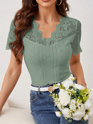 2025 new fan - shaped front and back V - neck lace stitching slim fit T-shirt short - sleeved tops for women - Negative Apparel