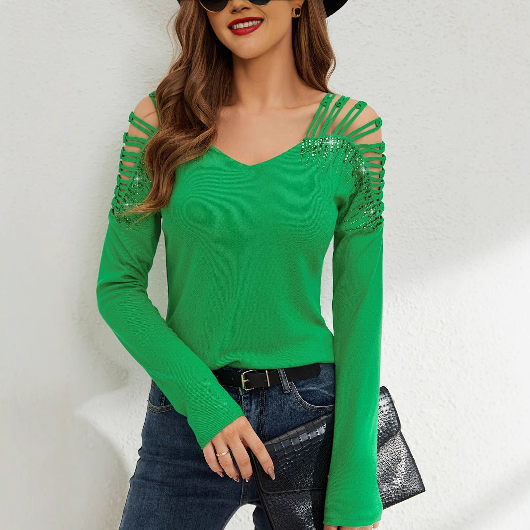 2025 new fashion lace splicing heavy industry hot diamond v - neck empty long - sleeved T-shirt women's top - Negative Apparel