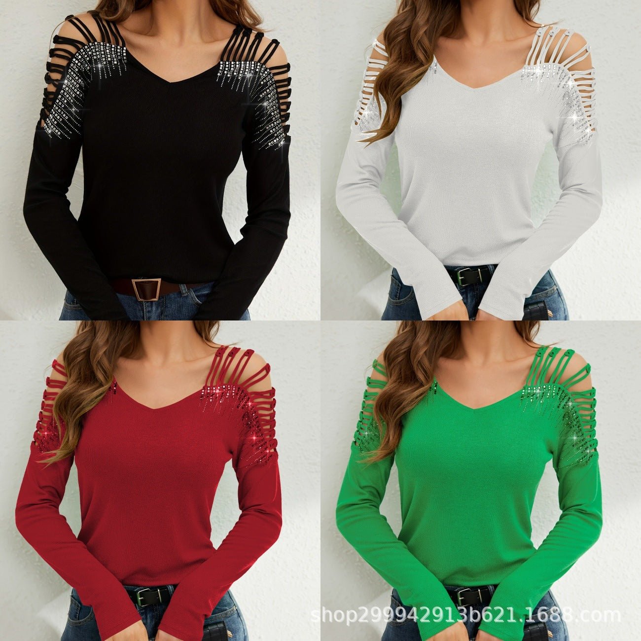 2025 new fashion lace splicing heavy industry hot diamond v - neck empty long - sleeved T-shirt women's top - Negative Apparel
