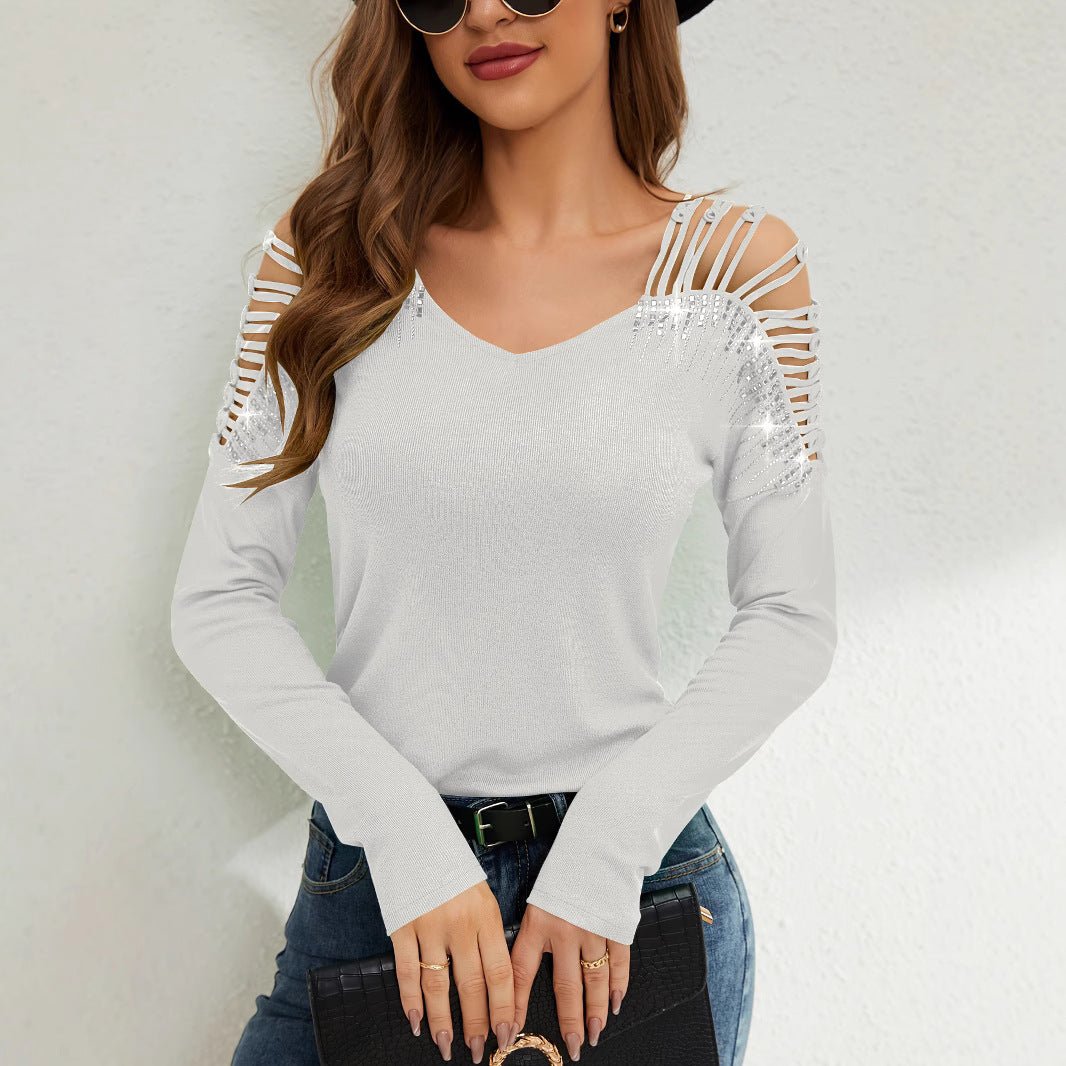 2025 new fashion lace splicing heavy industry hot diamond v - neck empty long - sleeved T-shirt women's top - Negative Apparel