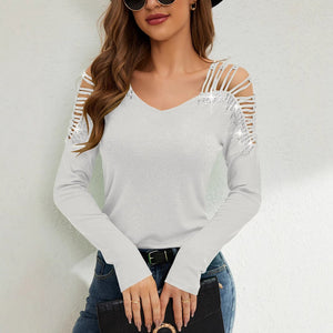 2025 new fashion lace splicing heavy industry hot diamond v - neck empty long - sleeved T-shirt women's top - Negative Apparel