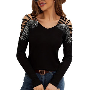 2025 new fashion lace splicing heavy industry hot diamond v - neck empty long - sleeved T-shirt women's top - Negative Apparel