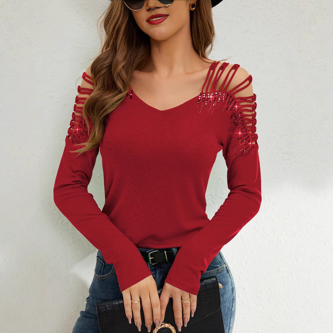 2025 new fashion lace splicing heavy industry hot diamond v - neck empty long - sleeved T-shirt women's top - Negative Apparel