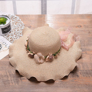 2025 new Korean style women's hat big wave flower sun hat beach outdoor sun hat sun protection straw hat - Negative Apparel