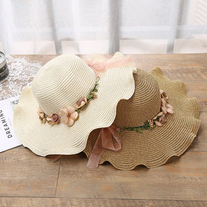 2025 new Korean style women's hat big wave flower sun hat beach outdoor sun hat sun protection straw hat - Negative Apparel