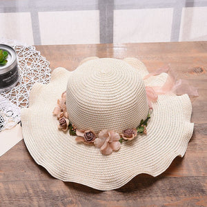 2025 new Korean style women's hat big wave flower sun hat beach outdoor sun hat sun protection straw hat - Negative Apparel