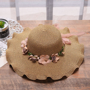 2025 new Korean style women's hat big wave flower sun hat beach outdoor sun hat sun protection straw hat - Negative Apparel