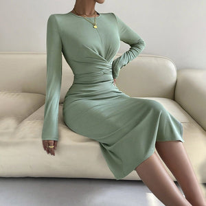 2025 new round neck slim bodycon mid - length dress long - sleeved dress - Negative Apparel