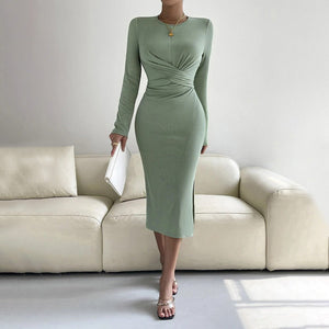 2025 new round neck slim bodycon mid - length dress long - sleeved dress - Negative Apparel