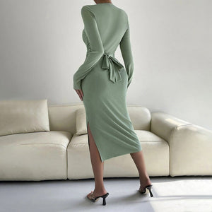 2025 new round neck slim bodycon mid - length dress long - sleeved dress - Negative Apparel