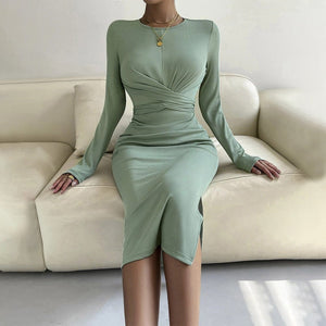 2025 new round neck slim bodycon mid - length dress long - sleeved dress - Negative Apparel