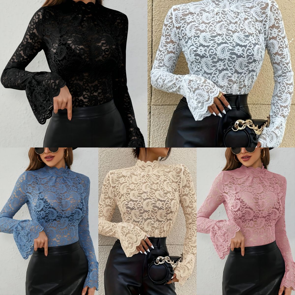 2025 new sexy cashew flower lace slim fit outer wear inner wear trumpet sleeve tops for women - Negative Apparel