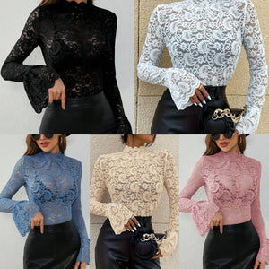 2025 new sexy cashew flower lace slim fit outer wear inner wear trumpet sleeve tops for women - Negative Apparel