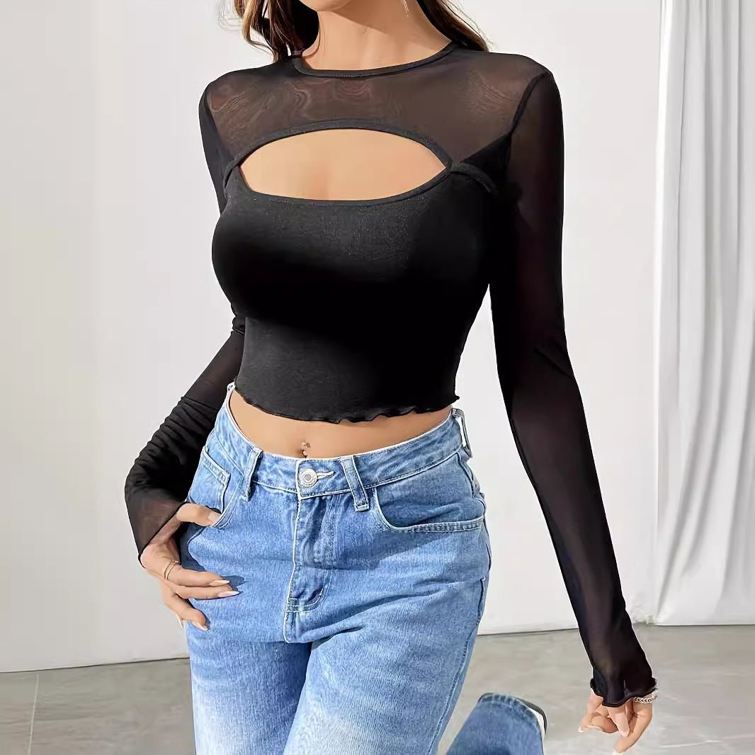 2025 new sexy chest hollow mesh splicing long - sleeved short T-shirt thin top women - Negative Apparel