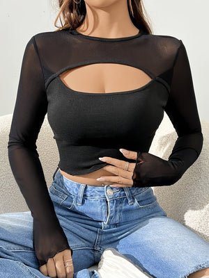 2025 new sexy chest hollow mesh splicing long - sleeved short T-shirt thin top women - Negative Apparel
