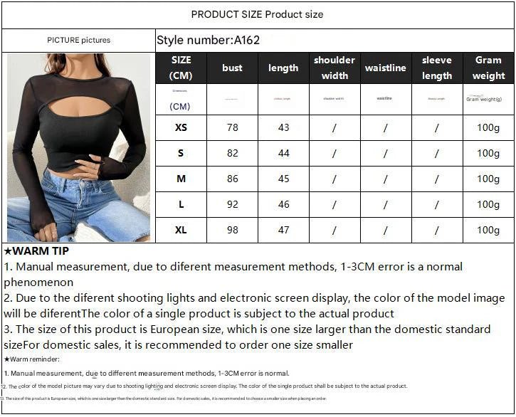 2025 new sexy chest hollow mesh splicing long - sleeved short T-shirt thin top women - Negative Apparel