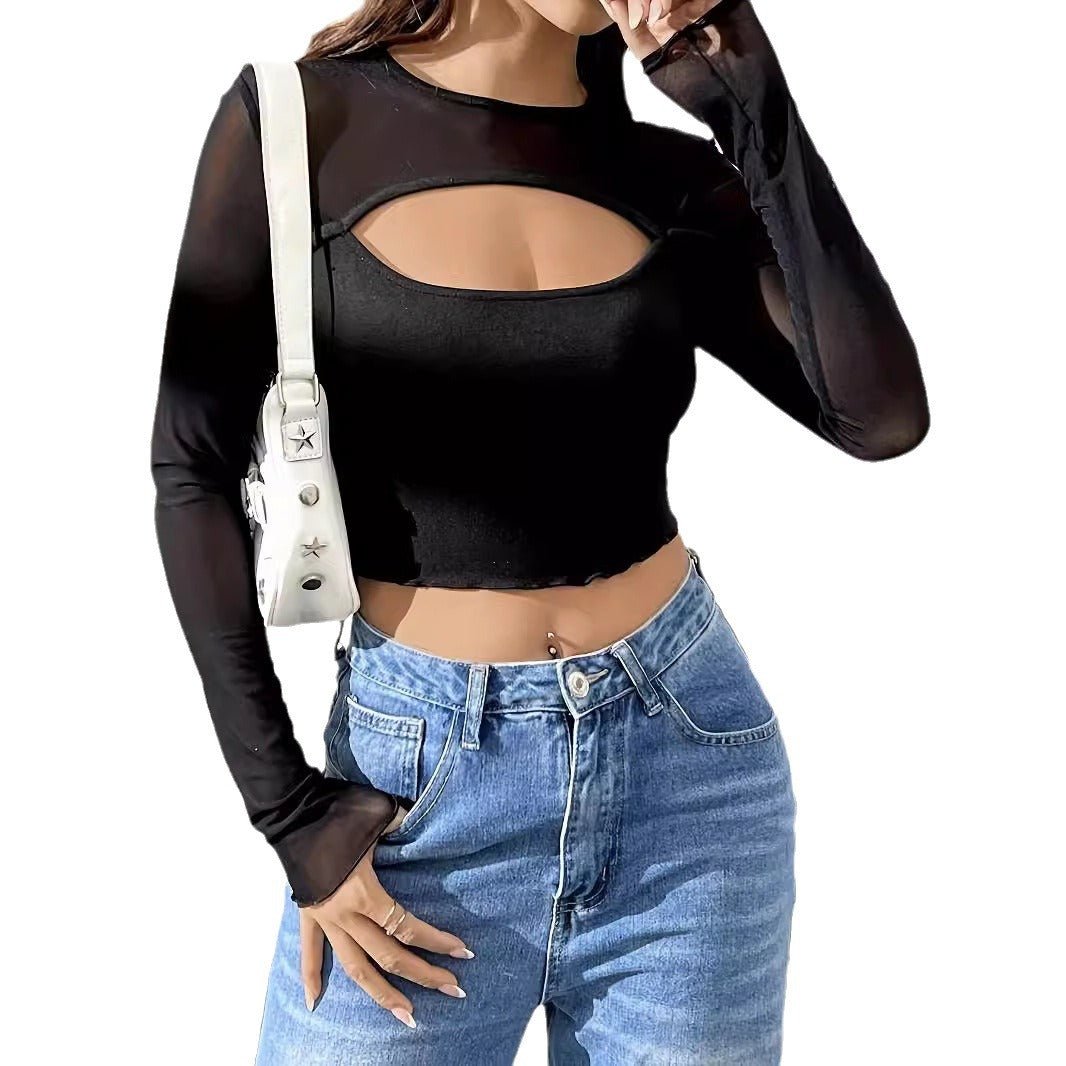 2025 new sexy chest hollow mesh splicing long - sleeved short T-shirt thin top women - Negative Apparel