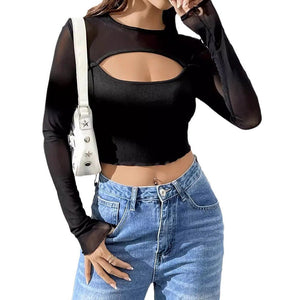 2025 new sexy chest hollow mesh splicing long - sleeved short T-shirt thin top women - Negative Apparel