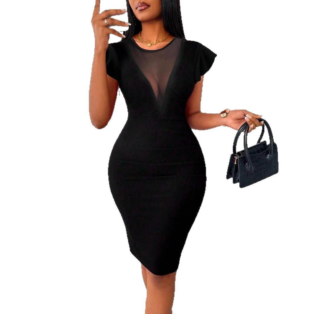 2025 new solid color round neck elegant and slim dress women's summer high sense - Negative Apparel