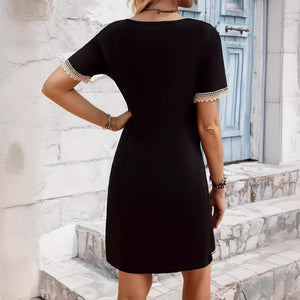 2025 new V - neck lace splicing solid color short - sleeved long slim and thin dress - Negative Apparel