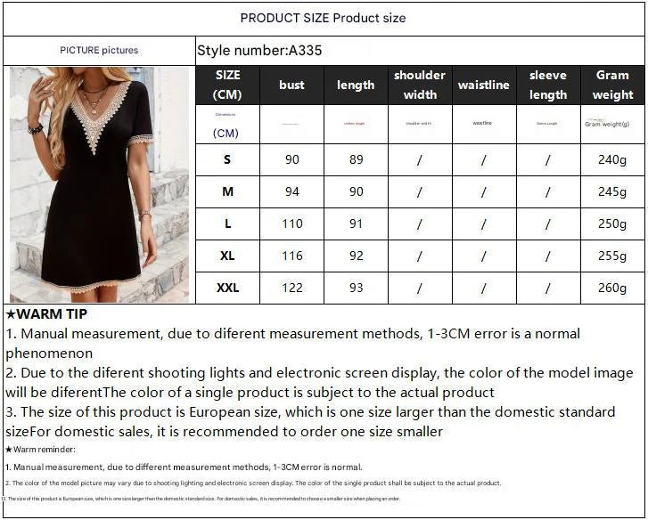 2025 new V - neck lace splicing solid color short - sleeved long slim and thin dress - Negative Apparel