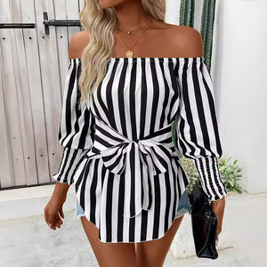 2025 new women's fashion loose off - the - shoulder lantern sleeves asymmetrical hem striped shirt - Negative Apparel