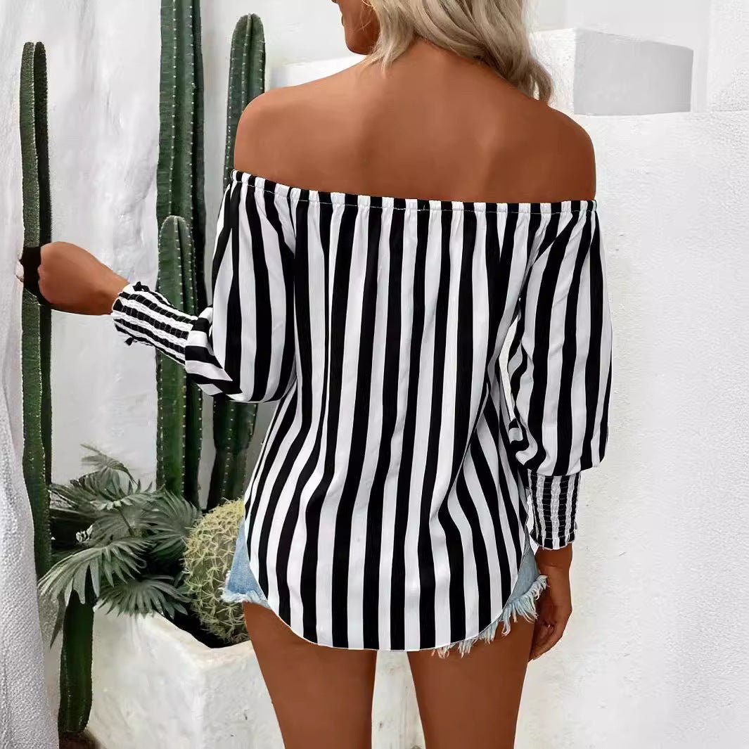 2025 new women's fashion loose off - the - shoulder lantern sleeves asymmetrical hem striped shirt - Negative Apparel