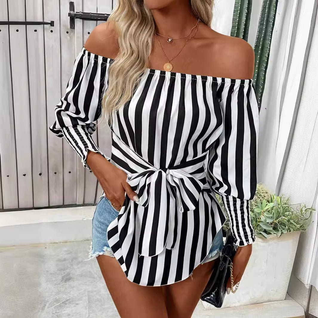 2025 new women's fashion loose off - the - shoulder lantern sleeves asymmetrical hem striped shirt - Negative Apparel
