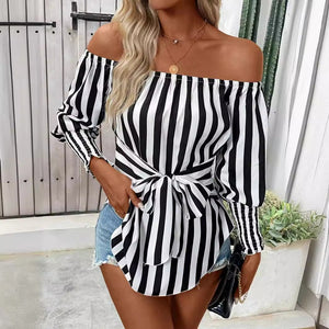 2025 new women's fashion loose off - the - shoulder lantern sleeves asymmetrical hem striped shirt - Negative Apparel