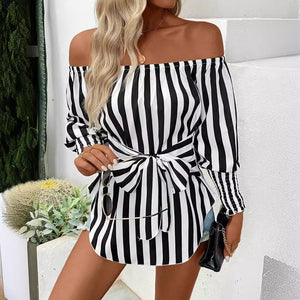 2025 new women's fashion loose off - the - shoulder lantern sleeves asymmetrical hem striped shirt - Negative Apparel