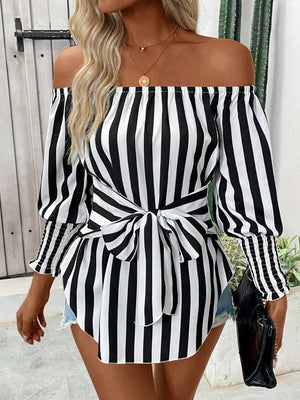 2025 new women's fashion loose off - the - shoulder lantern sleeves asymmetrical hem striped shirt - Negative Apparel