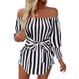 2025 new women's fashion loose off - the - shoulder lantern sleeves asymmetrical hem striped shirt - Negative Apparel