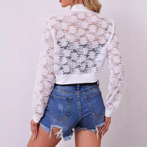 2025 new women's flower lace hollow long - sleeved jacket women's coat - Negative Apparel